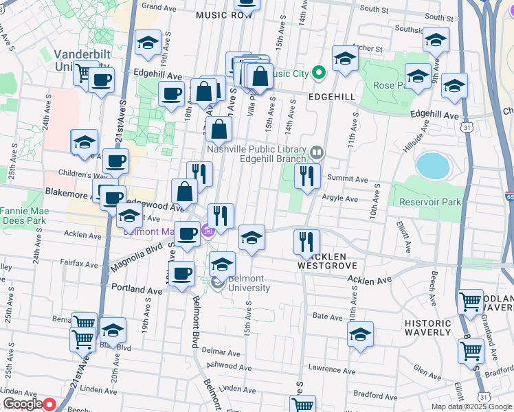 map of restaurants, bars, coffee shops, grocery stores, and more near 15th Avenue South in Nashville