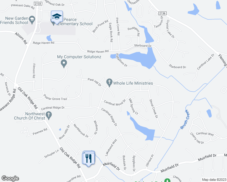 map of restaurants, bars, coffee shops, grocery stores, and more near 3604 River Lake Court in Greensboro