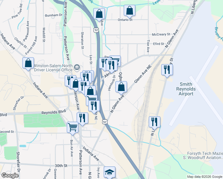 map of restaurants, bars, coffee shops, grocery stores, and more near 3707 Delaware Avenue in Winston-Salem