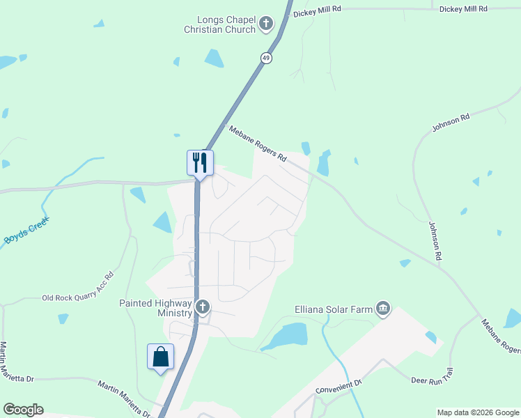 map of restaurants, bars, coffee shops, grocery stores, and more near 203 Sumter Court in Burlington