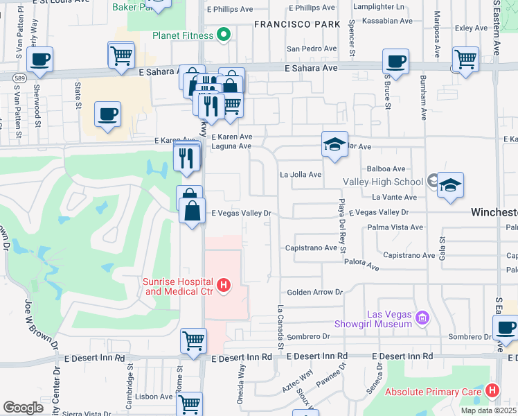map of restaurants, bars, coffee shops, grocery stores, and more near 1420 East Vegas Valley Drive in Las Vegas