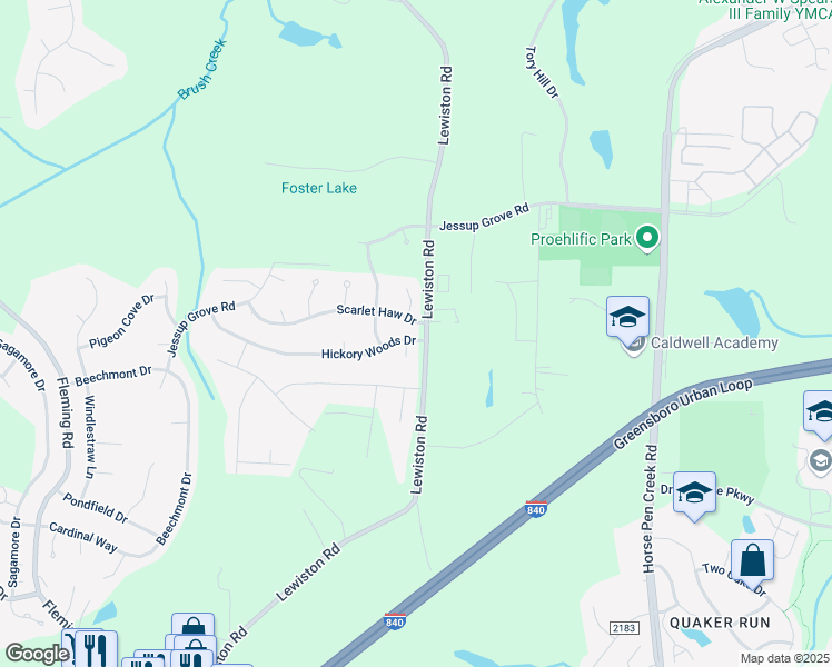 map of restaurants, bars, coffee shops, grocery stores, and more near 4600 Hickory Woods Drive in Greensboro
