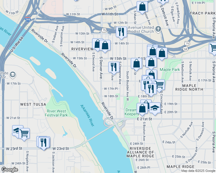 map of restaurants, bars, coffee shops, grocery stores, and more near 1638 South Carson Avenue in Tulsa