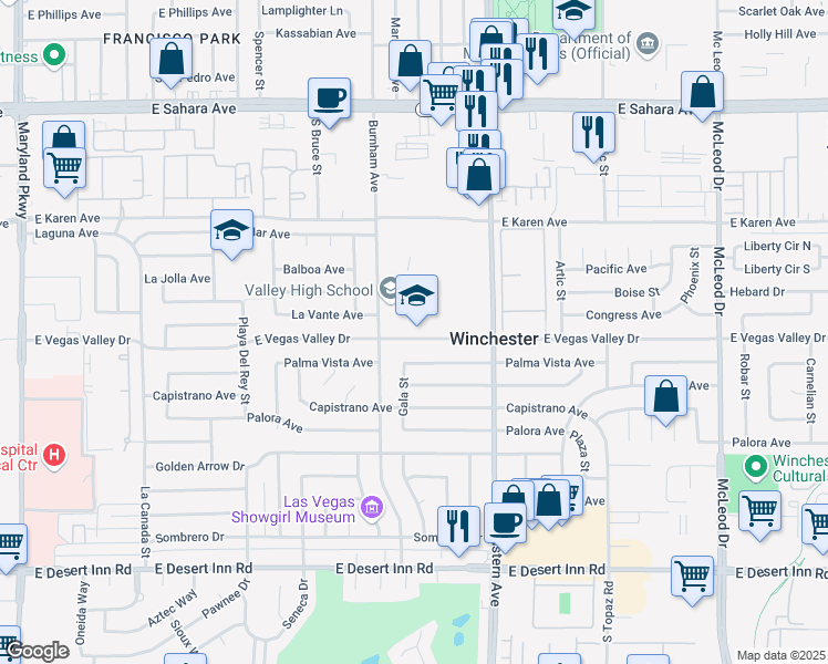 map of restaurants, bars, coffee shops, grocery stores, and more near 2839 Burnham Avenue in Las Vegas