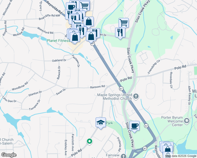 map of restaurants, bars, coffee shops, grocery stores, and more near 2664 Saint John's Place in Winston-Salem