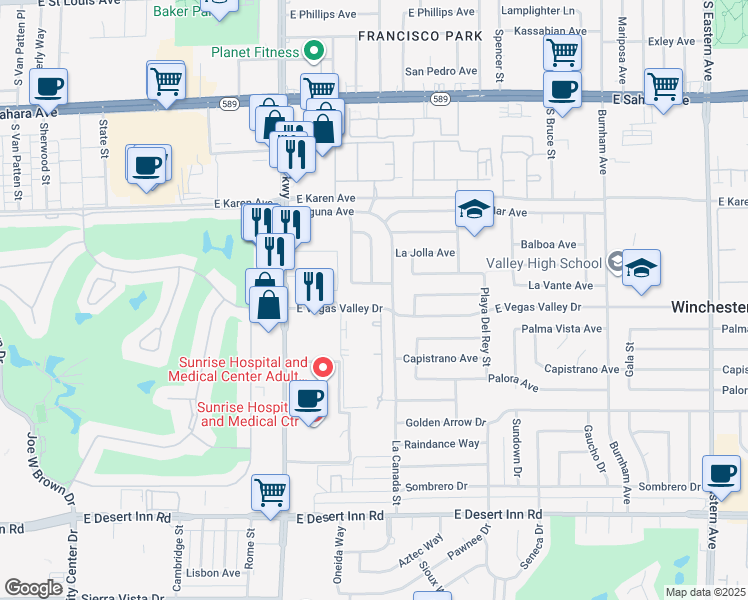 map of restaurants, bars, coffee shops, grocery stores, and more near 2837 La Canada Street in Las Vegas