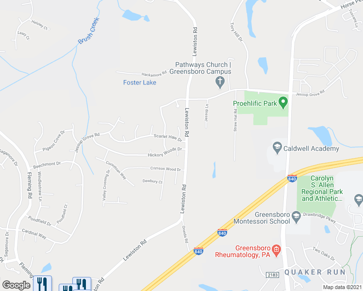 map of restaurants, bars, coffee shops, grocery stores, and more near 4600 Hickory Woods Drive in Greensboro