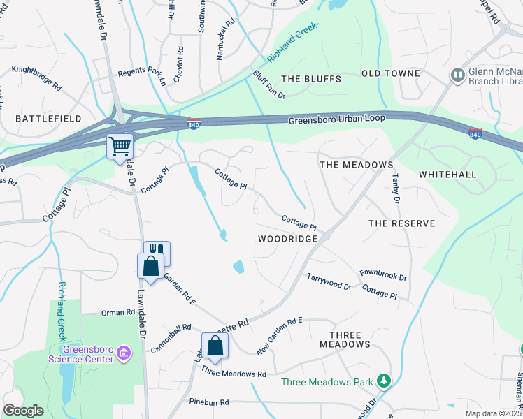 map of restaurants, bars, coffee shops, grocery stores, and more near 2511 Cottage Place in Greensboro