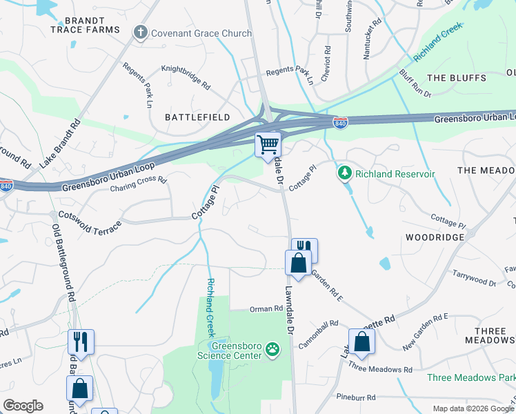 map of restaurants, bars, coffee shops, grocery stores, and more near 3003 Cottage Place in Greensboro