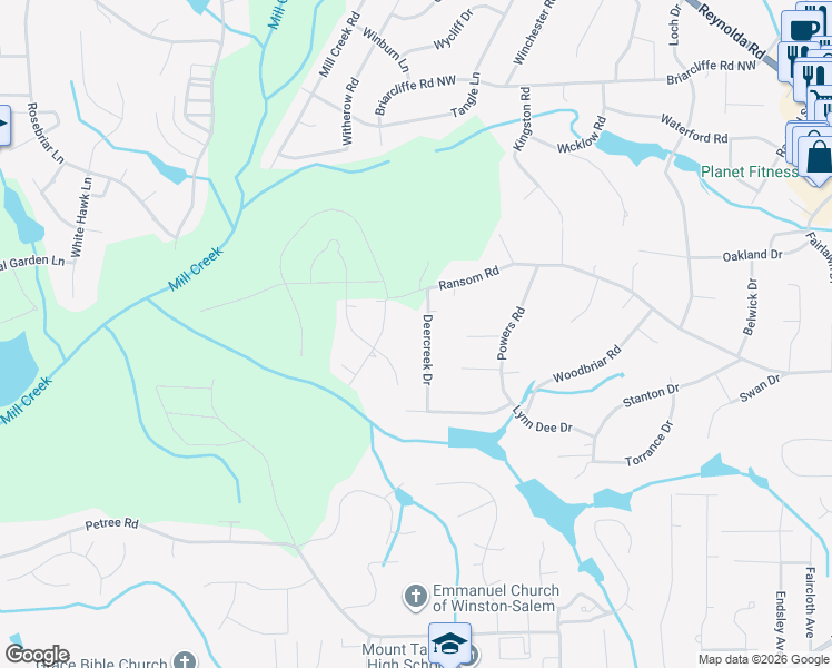 map of restaurants, bars, coffee shops, grocery stores, and more near 2544 Deercreek Drive in Winston-Salem