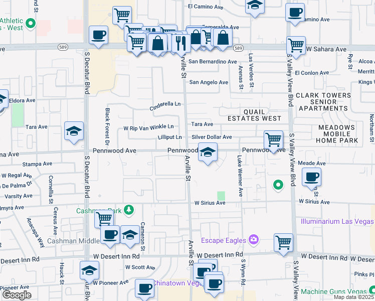 map of restaurants, bars, coffee shops, grocery stores, and more near Arville St & Pennwood Ave in Las Vegas