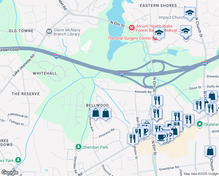map of restaurants, bars, coffee shops, grocery stores, and more near 11 Pisgah Forest Circle in Greensboro