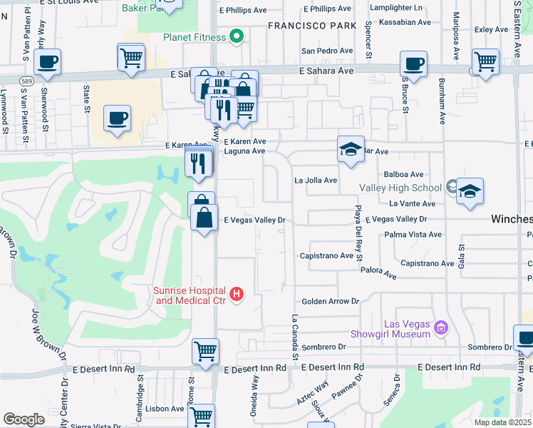 map of restaurants, bars, coffee shops, grocery stores, and more near 1390 East Vegas Valley Drive in Las Vegas