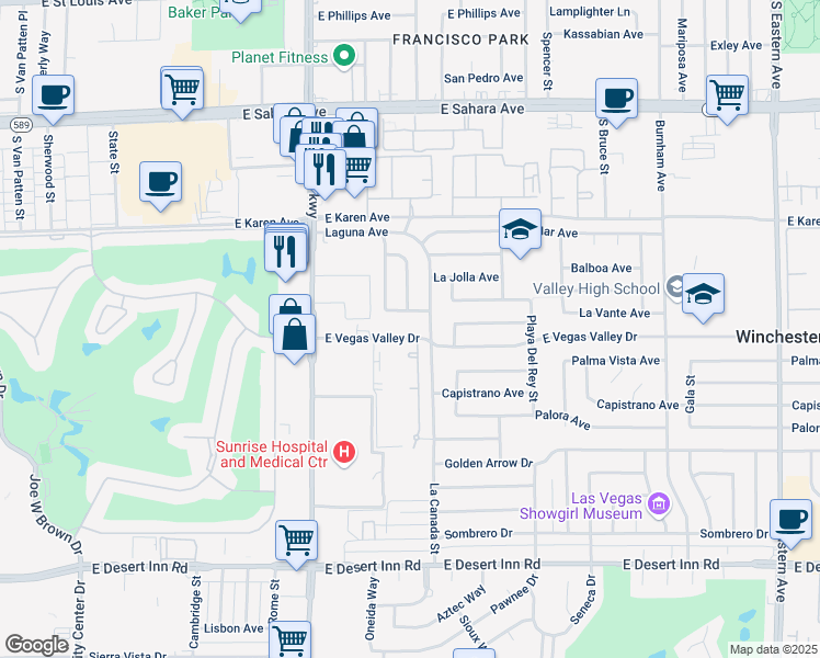 map of restaurants, bars, coffee shops, grocery stores, and more near 1440 East Vegas Valley Drive in Las Vegas