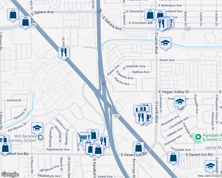 map of restaurants, bars, coffee shops, grocery stores, and more near 2870 South Sandhill Road in Las Vegas