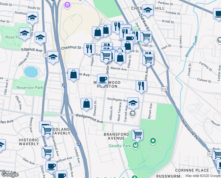 map of restaurants, bars, coffee shops, grocery stores, and more near in Nashville