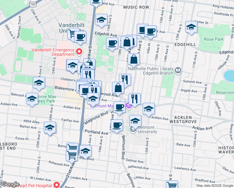 map of restaurants, bars, coffee shops, grocery stores, and more near 1611a 17th Avenue South in Nashville