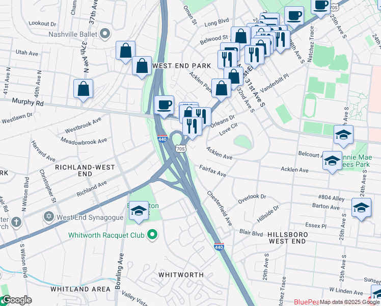 map of restaurants, bars, coffee shops, grocery stores, and more near 3415 West End Avenue in Nashville