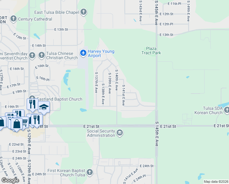 map of restaurants, bars, coffee shops, grocery stores, and more near 1719 South 139th East Avenue in Tulsa