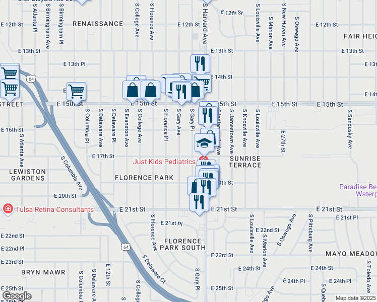 map of restaurants, bars, coffee shops, grocery stores, and more near 1619 South Gary Place in Tulsa