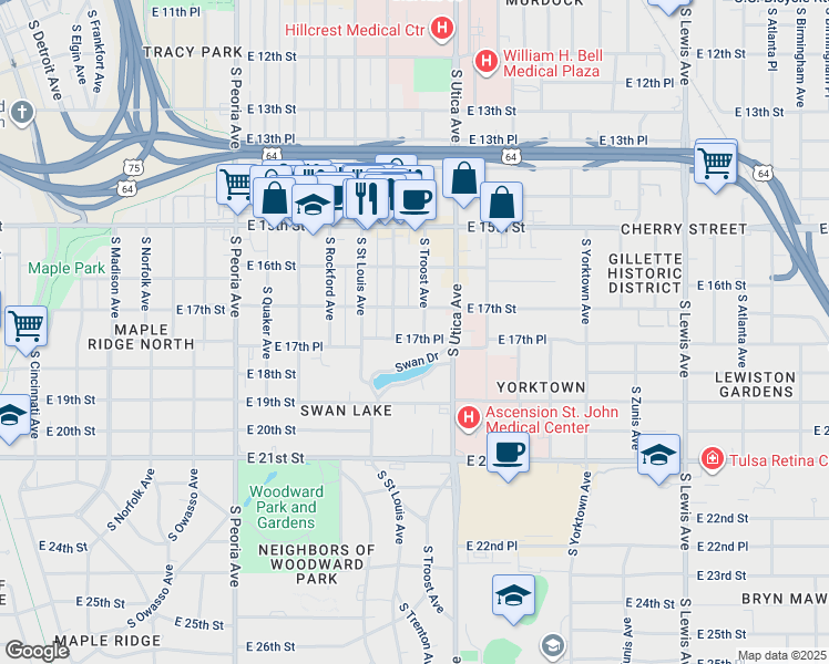 map of restaurants, bars, coffee shops, grocery stores, and more near 1702 South Troost Avenue in Tulsa