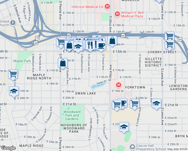 map of restaurants, bars, coffee shops, grocery stores, and more near 1702 South Trenton Avenue in Tulsa