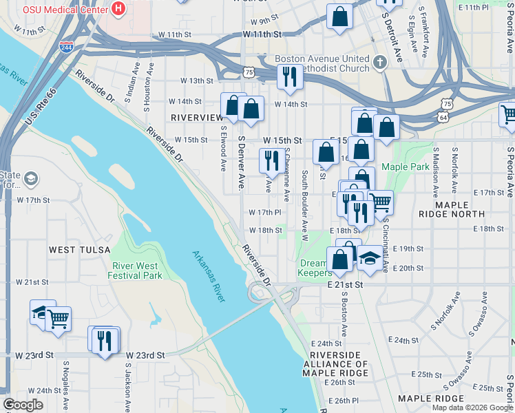 map of restaurants, bars, coffee shops, grocery stores, and more near 1638 South Carson Avenue in Tulsa