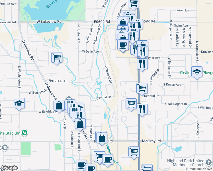 map of restaurants, bars, coffee shops, grocery stores, and more near 1502 Wildwood Drive in Stillwater