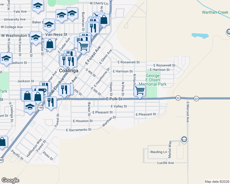 map of restaurants, bars, coffee shops, grocery stores, and more near 240 Hayes Street in Coalinga
