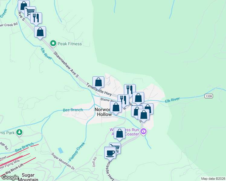 map of restaurants, bars, coffee shops, grocery stores, and more near 28 Hemlock Hill Road in Banner Elk