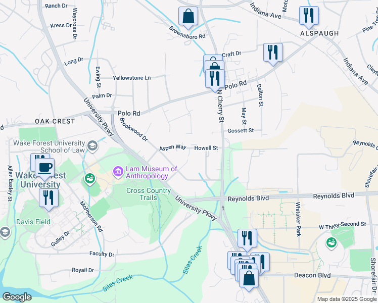 map of restaurants, bars, coffee shops, grocery stores, and more near Deacon Point Lane in Winston-Salem