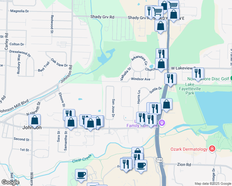 map of restaurants, bars, coffee shops, grocery stores, and more near 126 San Jose Drive in Springdale