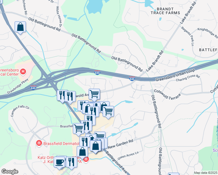 map of restaurants, bars, coffee shops, grocery stores, and more near 3716 Cotswold Avenue in Greensboro