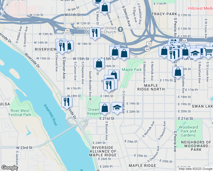 map of restaurants, bars, coffee shops, grocery stores, and more near 1648 South Baltimore Avenue in Tulsa