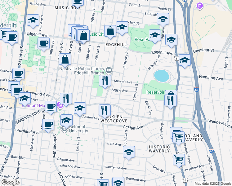 map of restaurants, bars, coffee shops, grocery stores, and more near 1106 Argyle Avenue in Nashville
