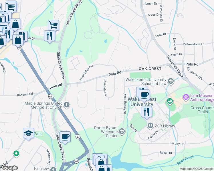 map of restaurants, bars, coffee shops, grocery stores, and more near 162 Rosedale Circle in Winston-Salem