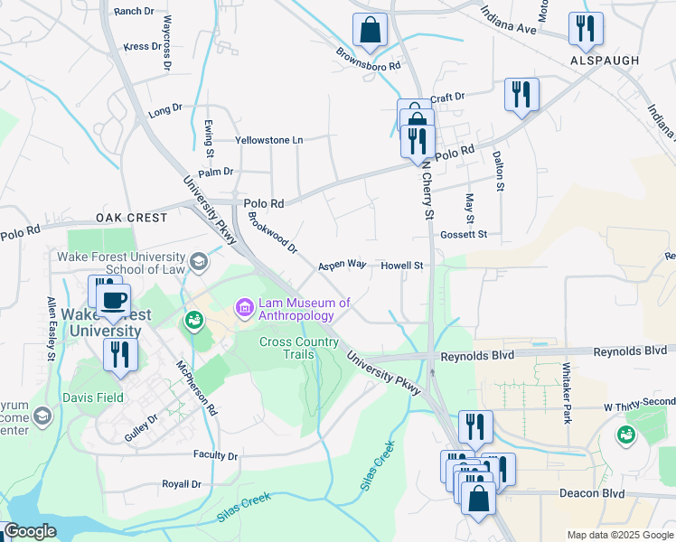 map of restaurants, bars, coffee shops, grocery stores, and more near 1603 Aspen Way in Winston-Salem