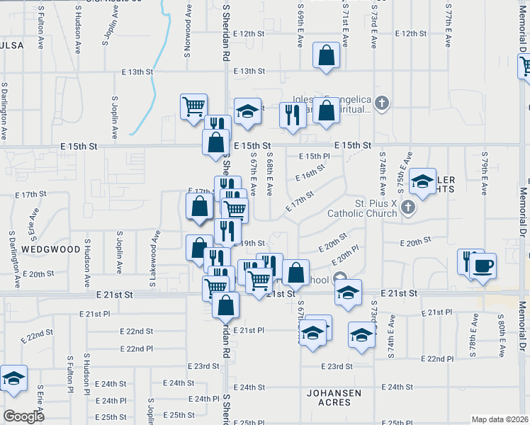 map of restaurants, bars, coffee shops, grocery stores, and more near 1575 South 67th East Avenue in Tulsa