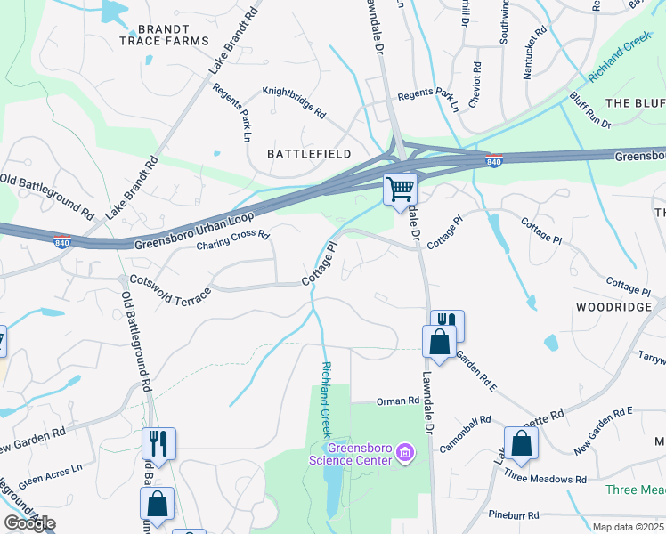 map of restaurants, bars, coffee shops, grocery stores, and more near 3019r Cottage Place in Greensboro