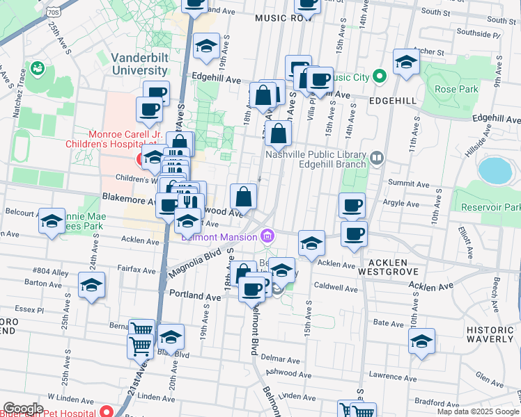 map of restaurants, bars, coffee shops, grocery stores, and more near 1613 16th Avenue South in Nashville