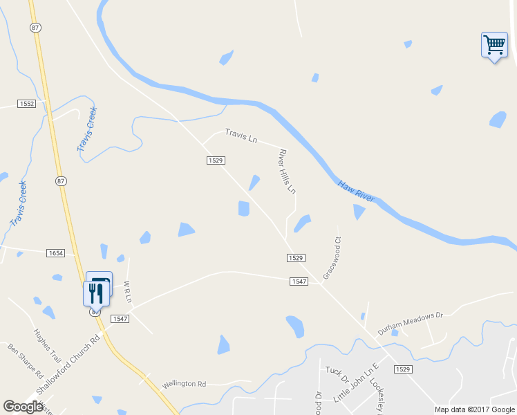 map of restaurants, bars, coffee shops, grocery stores, and more near 2938 Durham Street Extension in Burlington