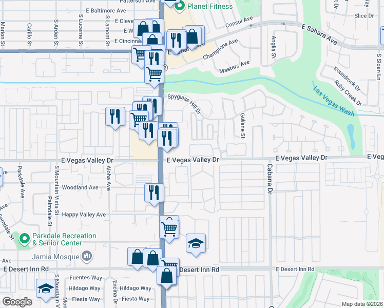 map of restaurants, bars, coffee shops, grocery stores, and more near 5070 East Vegas Valley Drive in Las Vegas