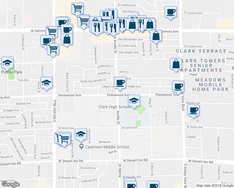 map of restaurants, bars, coffee shops, grocery stores, and more near 4500 Pennwood Avenue in Las Vegas