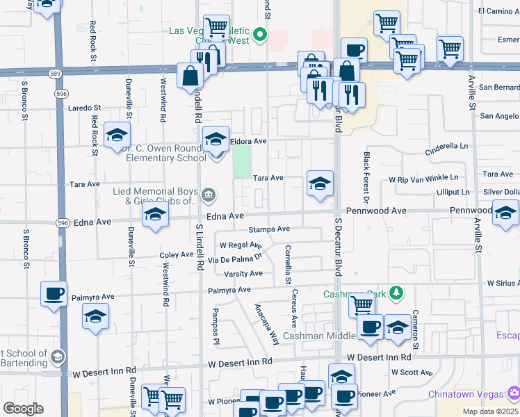 map of restaurants, bars, coffee shops, grocery stores, and more near 5310 Taravilla Circle in Las Vegas