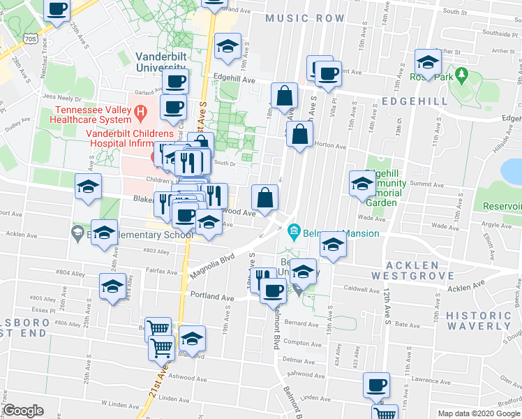 map of restaurants, bars, coffee shops, grocery stores, and more near 1611a 17th Avenue South in Nashville