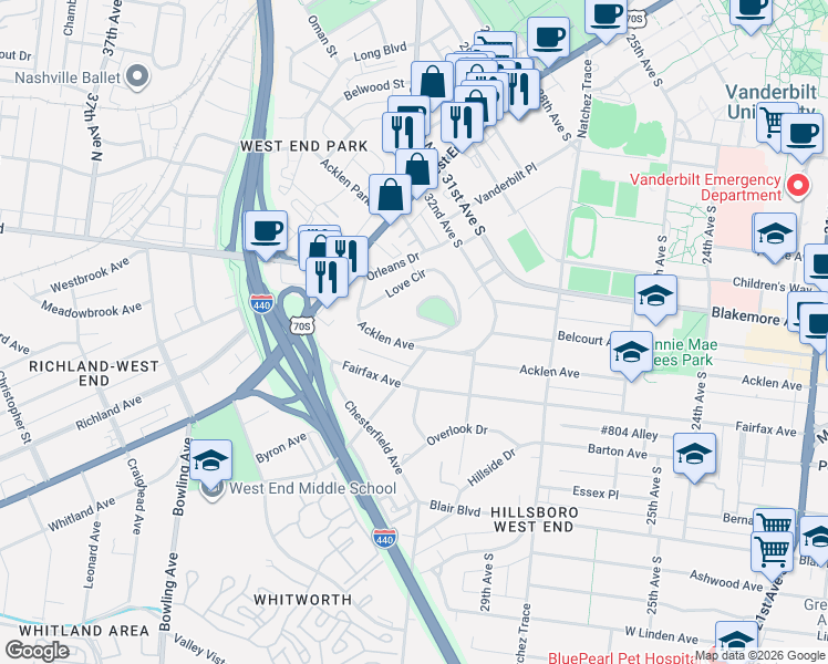map of restaurants, bars, coffee shops, grocery stores, and more near 3401A Love Circle in Nashville