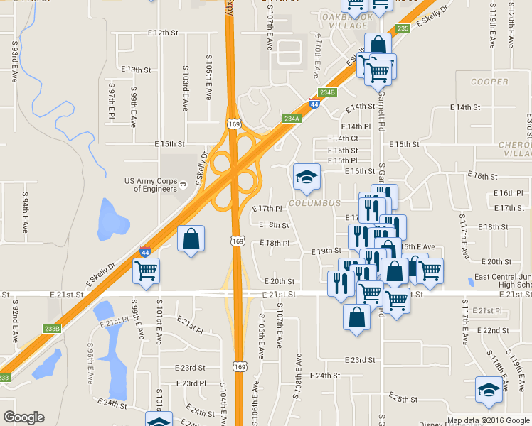 map of restaurants, bars, coffee shops, grocery stores, and more near 1627 South 107th East Avenue in Tulsa