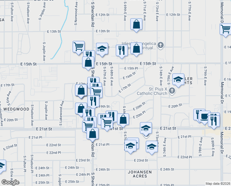 map of restaurants, bars, coffee shops, grocery stores, and more near 1624 South 69th East Avenue in Tulsa