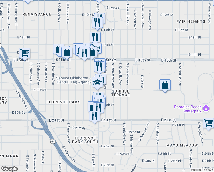 map of restaurants, bars, coffee shops, grocery stores, and more near 1624 South Jamestown Avenue in Tulsa