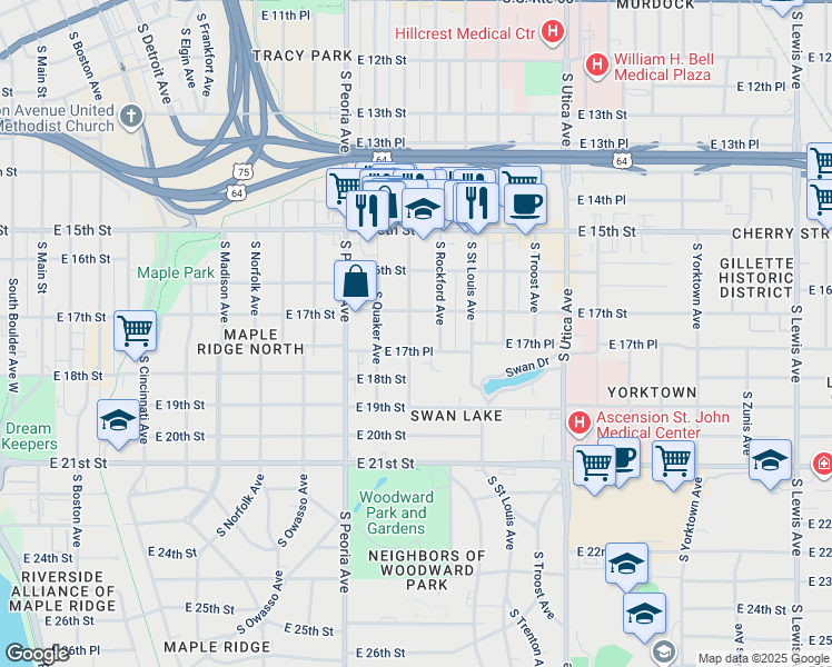map of restaurants, bars, coffee shops, grocery stores, and more near 1701 South Quincy Avenue in Tulsa